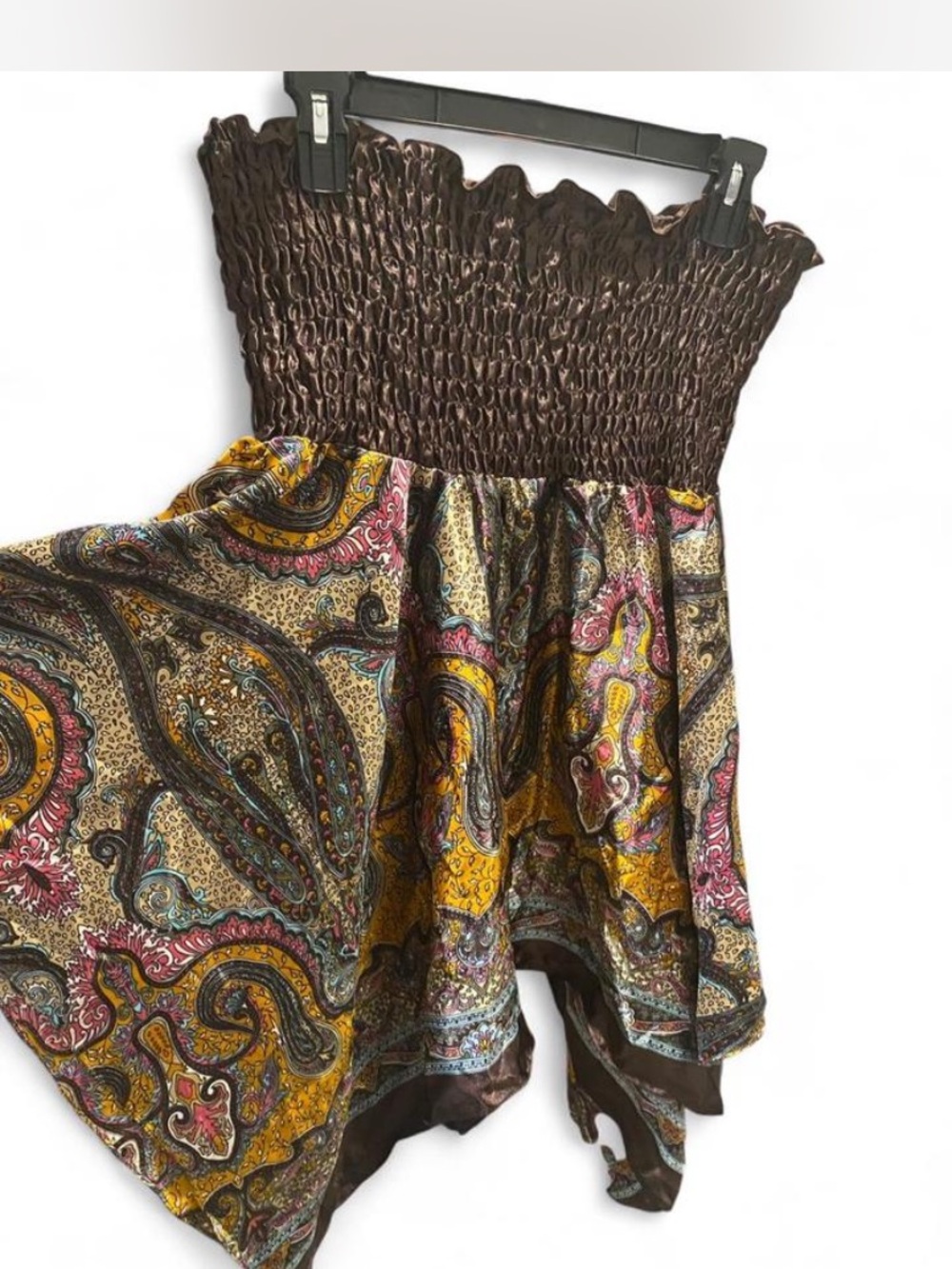 Smocked Paisley Boho Strapless Top - Brown & Mustard